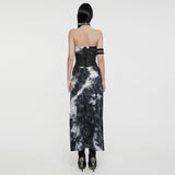 Goth strapless tie-dyed long dress