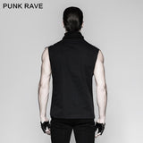 Black Rivets Puff Printing Knitted Collar Men Sleeveless Punk Vest