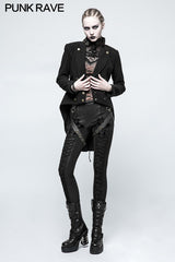 Women Swallow Tail Worsted Black Punk Jacket With Bronze Accessories