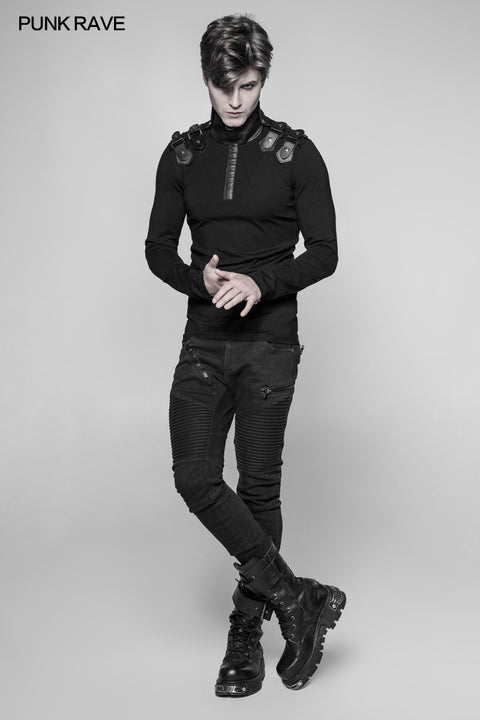 Men's Goth Elastic Knitted Uniform Long-sleeve T-shirt