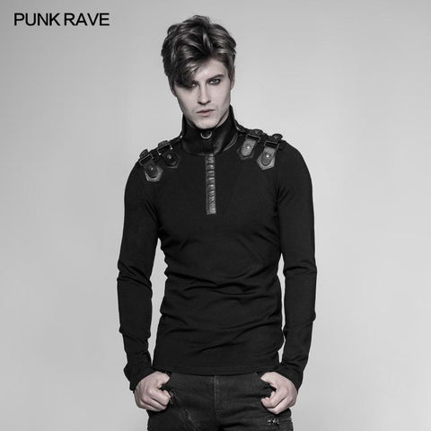 Men's Goth Elastic Knitted Uniform Long-sleeve T-shirt