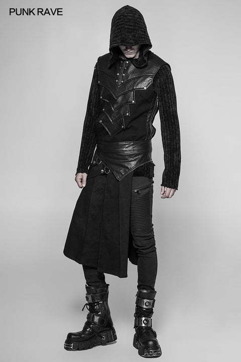 Men's Dark Punk Leather Splicing Personality Pleated Skirt