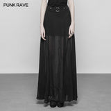 Punk High Waist Chiffon Translucent Long Split Skirt