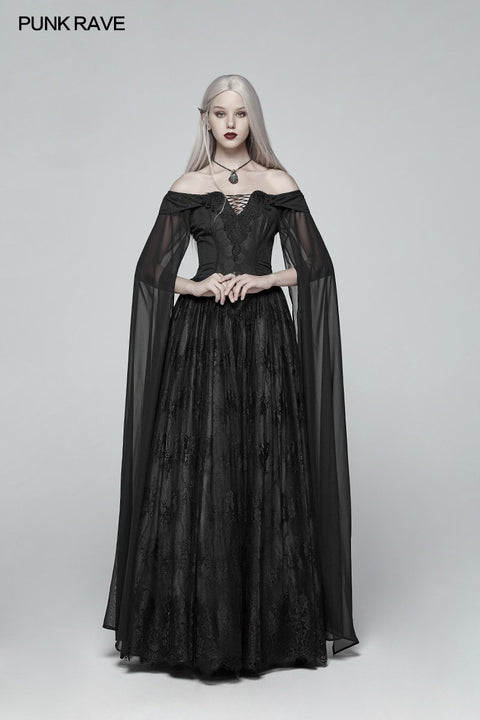 Retro And Elegant Dark Gothic Off Shoulder Victoria Long Lace Dress