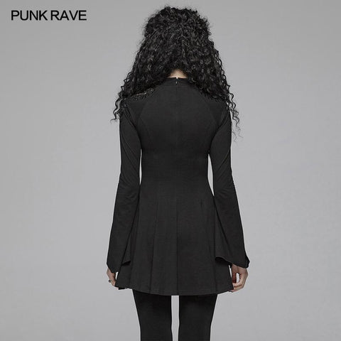 Gothic Women Hollow-out Collar Long Sleeve High Neck A-line Short Dress