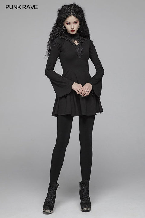 Gothic Women Hollow-out Collar Long Sleeve High Neck A-line Short Dress