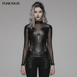 Punk Sexy PU Leather And Elastic Mesh Stitching Long Sleeve T-shirt For Women