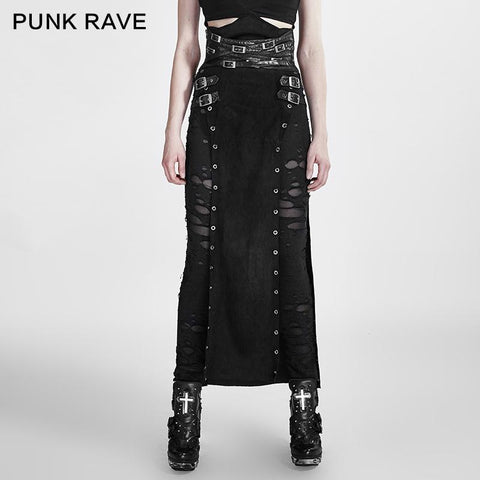 Black Wool Leather Spanking Split Punk Skirt